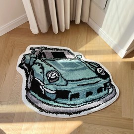 LAKEA Enthusiast Green Sports Car Shaped Flocking Rug Irregular Geometric Carpet Bed Side Anti Slip Floor Pad Doormat Aesthetic Home (31.5 X24 Inch)