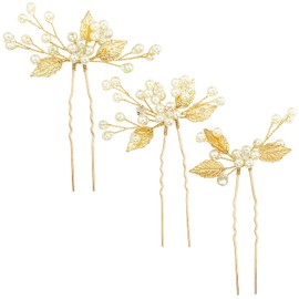 PRETTYLIFE Pearl Wedding Hair Pins U-Shaped Gold Leaf Hair Accessories Head Pieces for Bride Women Girls Party, Set of 3