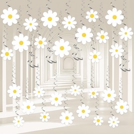 30 PCS Daisy Flower Hanging Swirls White Daisy Foil Swirls Ceiling Hanging Decorations Boho Daisy Flowers Swirls Streamers for Boho Groovy Spring Flower Birthday Party Baby Shower Supplies