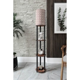 Floor Lamp with Shelves for Living Room, Shelf Floor Lamp, Corner Display Standing Column Lamp Etagere Organizer Tower Nightstand with White Linen Shade for Bedroom, Office (Walnut White Model)