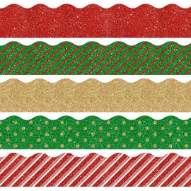 Whaline 69Ft Christmas Glitter Bulletin Board Borders 5 Designs Shine Stripe Dot Red Green Gold Merry Christmas Decoration Trim Bulletin Board Stickers for School Classroom Office Party Decoration