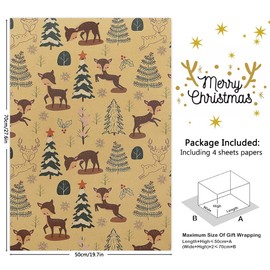 Christmas Kraft Wrapping Paper,4 Sheet Xmas Folded Gift Wrapping Paper Forest Elk Sika Deer Holly Pine Tree Winter Birthday Wrapping Paper for Baby Shower New Year Kid Party Gift Wrap,20x28 inch