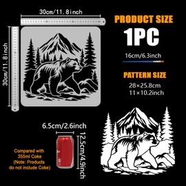 FINGERINSPIRE Wild Bear Stencil with a Brush 11.8x11.8Inch Mountain Forest Painting Stencil Reusable Stone Grass Template Animal Theme Decoration Template for Painting on Wood Wall Floor Furniture