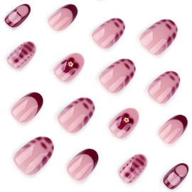 Dark Red Flower Press on Nails Short Almond Fake Nails with Floral Designs Cute Spring False Nails Glossy Oval Acrylic Nails Full Cover Glue on Nails Summer Red French Stick on Nails for Women 24Pcs