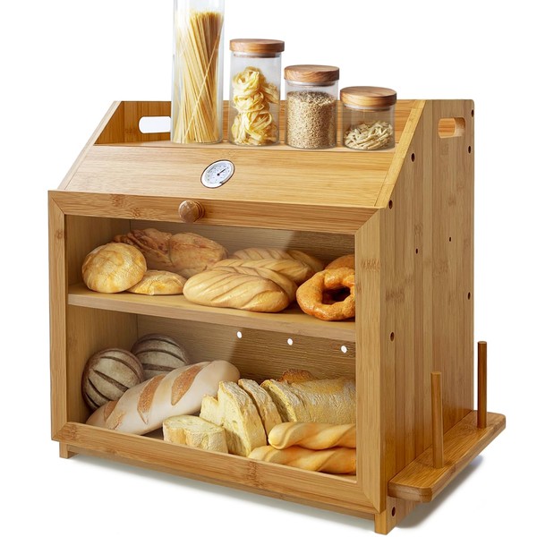 Double Layer Bamboo Bread Box, Thermometer Bread Box with Knife