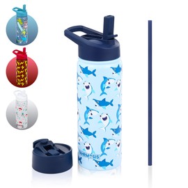 FAHRMOSIS 18 oz Kids Water Bottle | Insulated Water Bottle with Straw & 2 Lids | Reusable Double Insulated Water Bottle - Leakproof Kids Water Bottle for School & Outdoor Activities - Blue (Shark)