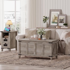 HOOBRO Farmhouse Storage Chest, 47.2" Storage Bench with Geometric Style Front, Toy Chest with Metal Accents and Lift Top, Toy Box Organizer, Sturdy Base, for Living Room, Greige BG124CW01