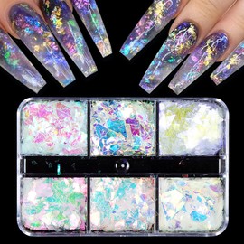 Holographic Iridescent Glitter Nail Art Sequins, 3D Irregular Ultra Thin Nail Art Sparkly Flake Designs, Shiny Mermaid Nail Glitter Confetti Acrylic Supplies for Women Girls Manicure Tips Decorations