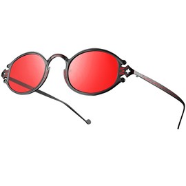 WMG Retro Oval Sunglasses for Men and Women- Small Hippie Glasses Steampunk Style (Black Frame/Red Lens)