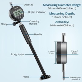 ALLmeter Digital Bore Gauge Kit 50-160mm (2-6") - 0.01mm Precision Internal Diameter Measuring Tool with 12 Interchangeable Probes & Extension Rods for Engine Cylinders, Hydraulic Systems & Deep Hole
