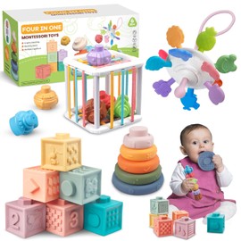 Baby Toys 6 to12-18 Months, Montessori Toys for 1-3 Year, 4 in 1 Stacking Building Blocks Infant Toys,Pull String Baby Teething Toys3-6-9-12 M+,Shape Bin Sensory Toys, Baby Boy Girl Birthday Gifts