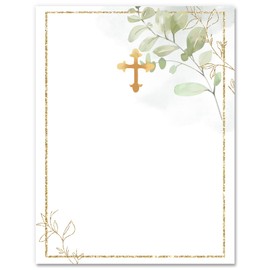 AnyDesign Greenery Cross Letter Paper, 60 Sheets, 8.5 x 11 Inch, Green and Gold, Religious Style