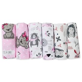 FENSILO Molleton Cloths, Pack of 6 Flannel Nappies Made of 100% Cotton, 80 x 80 cm, Molleton Nappies, Burp Cloths, Unisex Boys or Girls, Teddy Bear It's a Girl Hedgehog