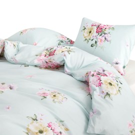 Wake In Cloud - Shabby Chic Comforter Set, Floral Farmhouse Cottagecore Vintage Colorful Pastel Spring Flowers, Soft Lightweight Bedding for Women Girls, 3 Pieces, Green, King Size