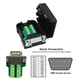 DTECH DB9 Breakout Connector DB-9 Female RS232 Serial Adapter Solderless Module Board with Terminal Block, Case, Nuts and Tail Pipes (DB9 Female + Nuts)