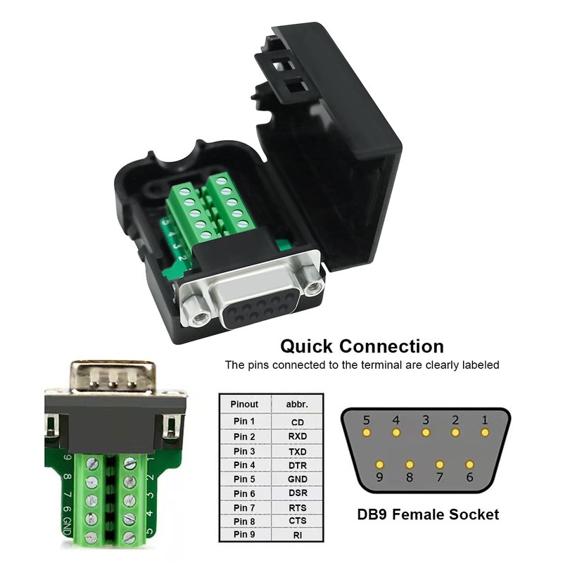 DTECH DB9 Breakout Connector DB-9 Female RS232 Serial Adapter Solderless