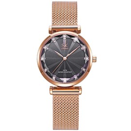 Alienwork SK Women’s Minimalist Watch with Ultra Flat Mesh Strap, Rose gold/rhinestones