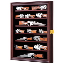 Jinchuan Knife Display Case Pocket Knife Display Stand Military Folding Knife Shadow Box Wall Cabinet with Uv Protection Acrylic Lockable, Cherry