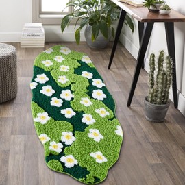 Ouyattle Cute Green Floral Bathroom Runner Rugs Extra Long Bath Mat 24''W x 60''L Non Slip Washable, Modern Chic Boho Aesthetic Trendy Funky Moss Throw Runner Rugs for Kitchen Bedroom Entryway