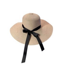 Wide Brim Straw Sun Hat, Black Bow Ribbon, Foldable Beach Hat for Summer (US, Alpha, One Size, Standard, Nude Pink)