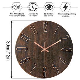 AIRUIFU Wall Clock 12 Inch Non-Ticking Silent Battery Operated Round Wall Clock Modern Simple Style Decor Clock for Home/Office/School/Kitchen/Bedroom/Living Room (Brown)