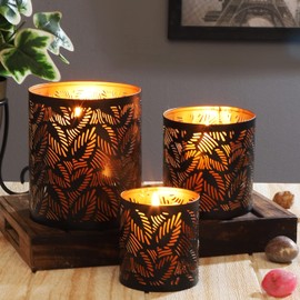 Marrakesh Set of 3 Lanterns, 14 cm, Large, Metal, Oriental Tea Light Holder, Ulama, Black, Gold, Table Decoration