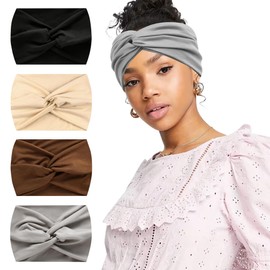 Hair Bands Extra Wide Headbands for Women, 4pcs Stretchy Head Wrap Headband, Vintage Turban Headband for Women Girls Running, Working, Sport Exercise and Casual Wear (Style 1, Headbands)