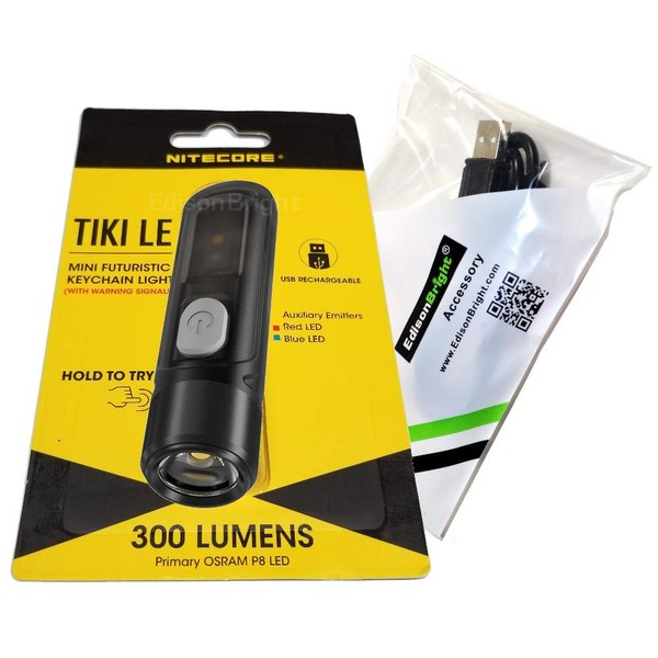 Nitecore TIKI LE 300 lumen micro USB rechargeable keychain flashlight/police strobe with EdisonBright brand USB charging cable