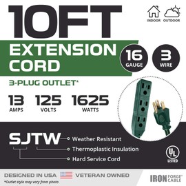 Iron Forge Cable 3 Outlet Power Strip Outdoor Extension Cord 10 ft, 2 Pack, 16/3 SJTW Heavy Duty Green Extension Cord with Multiple Outlets 3 Prong, Weatherproof Exterior Power Cable Multi Plugs