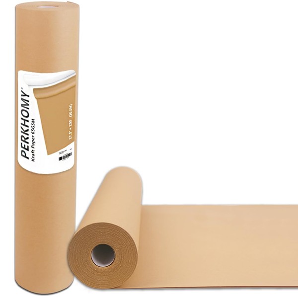 PerkHomy Brown Kraft Paper Roll 17.5" x 1,200" (100') for Gift Wrapping Bulletin Board Bouquet Flower Kids Wall Art Craft Packing Moving Shipping Parcel Postal Floor Covering Table Runner 65GSM 40LB