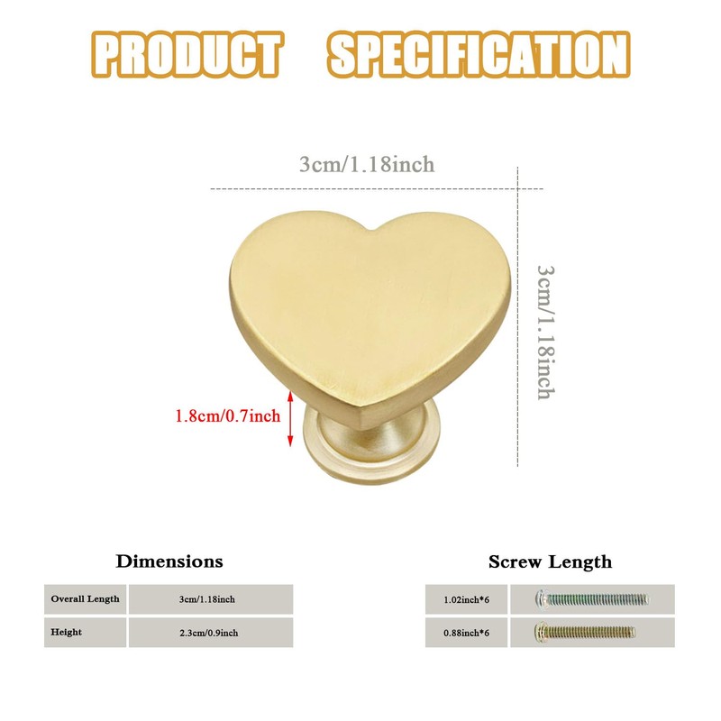 YYMSEN 6 Pcs Brass Heart-Shaped Gold Cabinet Knobs, Suitable for