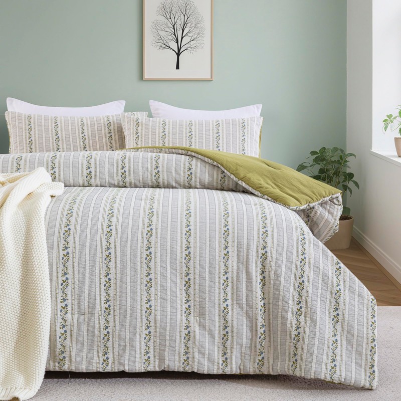Purefair 100% Cotton Jacquard Comforter Set, Striped Floral Print, Soft