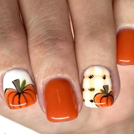 LWTZLW Fall Pumpkin French Tip Press on Nails Short Square Thanksgiving Fake Nails with Autumn Lattice Design Glue on Nail Glossy Orange False Nails Reusable Acrylic Stick on Nail for Women