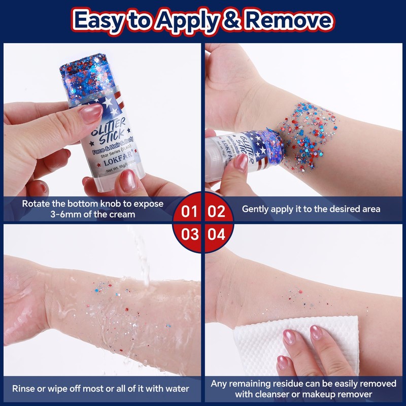 Red White and Blue Body Glitter Stick, 4th of July