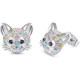 Lanqueen Cute Cat Stud Earrings Hypoallergenic Cat Cubic Zirconia Earrings for Women Teens Girls Cat Lovers