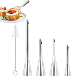 4 Piece Piping Nozzles Stainless Steel Filling Nozzle Set, Baking Doughnut Syringe for Cakes, Cupcakes and Doughnuts Decorating, Puff Filling and Jam, Cream, with Cleaning Brush (4 Pieces)
