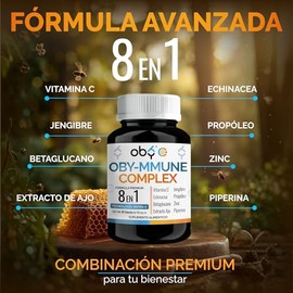 Oby Immune Complex Vitamina Zinc Echinacea Ajo Envejecido Jengibre Propóleo Betaglucanos Piperina Fórmula Suplemento Alimenticio Cápsulas Veganas