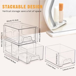 Stebopum 4 Pack Stackable Makeup Organizer, Acrylic Bathroom Makeup Organizer and Storage Drawer with Pull-out Handle, Clear Plastic Storage Bins for Vanity, Pantry, Desk, Undersink, Kitchen Cabinets