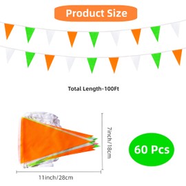 Rotenl 100 Feet 60 Pcs Green White and Orange Pennant Banner Flag String Hanging Triangle DIY Flag, Bunting Streamer Decorations for Grand Opening, Birthday, Wedding Celebration (Green White & Orange)