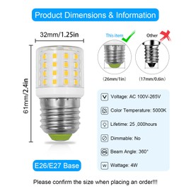 ZHENMING 4W LED Fridge Bulb AC100-265V 3.5W Refrigerator Light Bulb for Frigidaire Kenmore 5304511738, Compact E26 Base Lamp, A15 Daylight White 5000K, 4 Pack