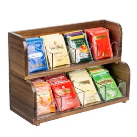 MyGift Stackable 2 Tier Acacia Solid Wood Tea Bag Holder Storage Display Server Includes 2 Premium Acrylic Removable Drawer Trays with 4 Compartments Each