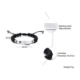 2 Pcs Adrenal Insufficiency Medical Alert Bracelets for Men & Women Teens Adjustable Stainless Steel Black White Beaded Onyx Emergency Medical ID Bracelets with Medic Wallet Insert Card