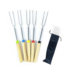 Pack of 5 Barbecue Skewers Telescopic Marshmallow Skewers, Stick Bread Sticks Roasting Sticks, Campfire Skewers, Stainless Steel Extendable Grill Stick, Barbecue Cutlery Set for Camping Grill