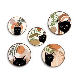 5 PCS Cat Wall Art Decor, Boho Geometric Hanging Wooden Wall Decor, Mid Century Bohemian Abstract Moon and Sun Wood Sign, Farmhouse Kitchen Bathroom Living Room Decorations, Cat Lover Gifts