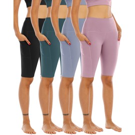 WHOUARE Paquete de 4 pantalones cortos de yoga con bolsillos para mujer, pantalones cortos de entrenamiento de cintura alta con control de abdomen, 4 paquetes # negro, pasta de frijoles rojos, gris azul, verde frijol, L