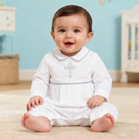 Booulfi 3-6 Months Boy Clothes Baptism Outfits For Boys White Long Sleeve Onesie Cotton Cross Embrioderied Baby Boy Romper Announcement Outfit