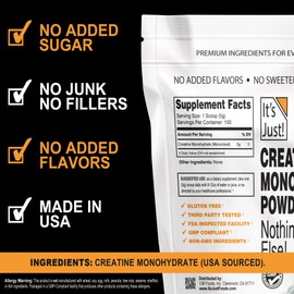 It's Just! - Creatine Monohydrate Powder, Pure Creatine Powder, Made in USA, 3rd Party Lab Tested, 5g Per Serving, Scoop Included, No Fillers, No Added Flavor (Unflavored, 500g / 100 Servings)