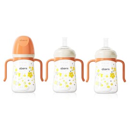 Oberni Toddler Sippy Cup 10oz, Weighted Straw Baby Drinking Water Bottle with Valved Spout for 6+ Months, 300ml/Orange/3Pack