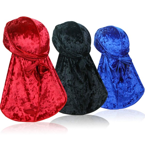 3 Pieces Crushed Velvet Wave Durag – Silky Durag Headwraps with Extra Long Tail Perfect for 360 Waves