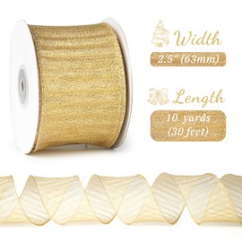 LIZLOVESS Gold Ribbon Wired 2.5" X 10 Yards Gold Crinkle Metallic Christmas Ribbon for Tree Decoration Gift Wrapping Wreaths Bows Home Decor Garland Swags